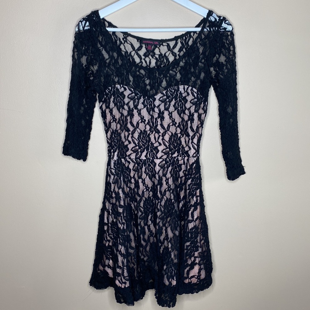 Material Girl Black Lace Long Sleeve Dress With Nude Under Layer Small